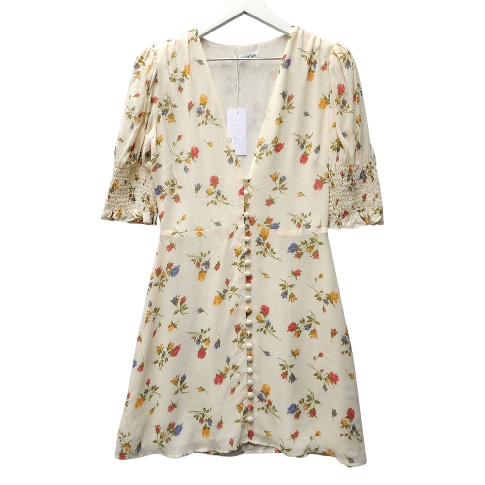 Reformation Alison Floral Cream Mini Dress with Button Detail - Picture 4 of 10